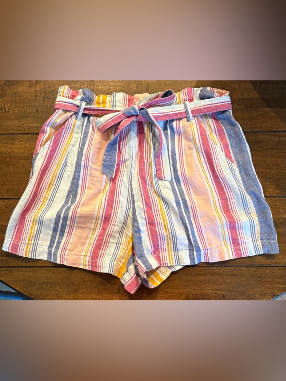 a.n.a Striped Paperbag Waist Shorts - Pink, Blue, Yellow, Cream